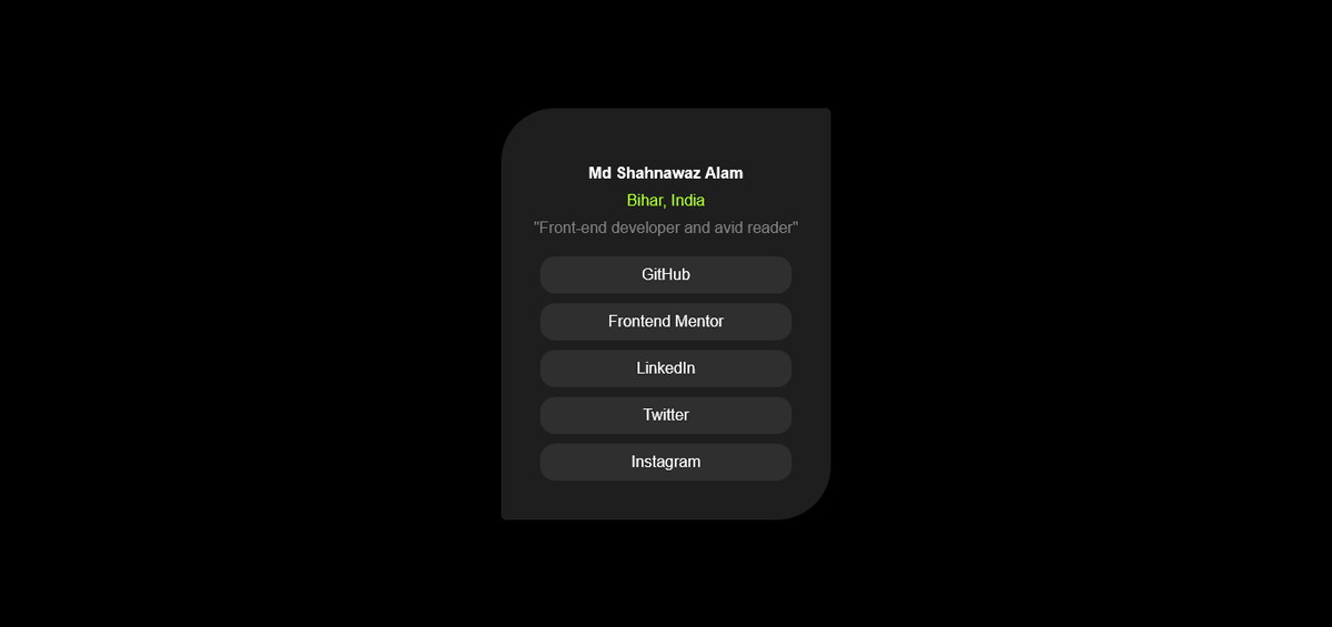 Md_shahnawaz_01's tweet photo. Hi guys I start 10 days challenge CSS mini project with responsive design
#FrontEnd
#Day_06
Project 12 :- social links profile
Source code:- https://t.co/iLmREtWpOj
Live here:- https://t.co/v8LbmLYdsQ https://t.co/0X1ts6TJgk