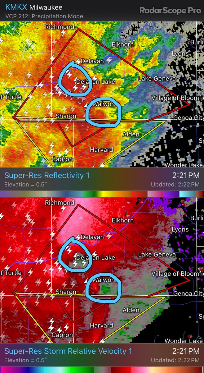 I’m keeping an eye on two areas of circulation (possible tornadoes) in this storm. One SW of Delavan, one must south of Walworth. Again, if you’re in the warning, head to your safe space! There’s also hail and gusty winds in this storm.