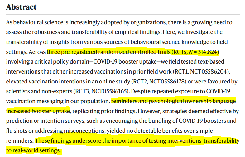 Amazing work from @silvia_saccardo @hengchen_dai et al - THIS is what it looks like when experts run behavioral policy programs: 1-Massive samples 2-Extensive prelim work 3-Real-world trials Stop highlighting bad science -> start doing more like theirs. nature.com/articles/s4156…