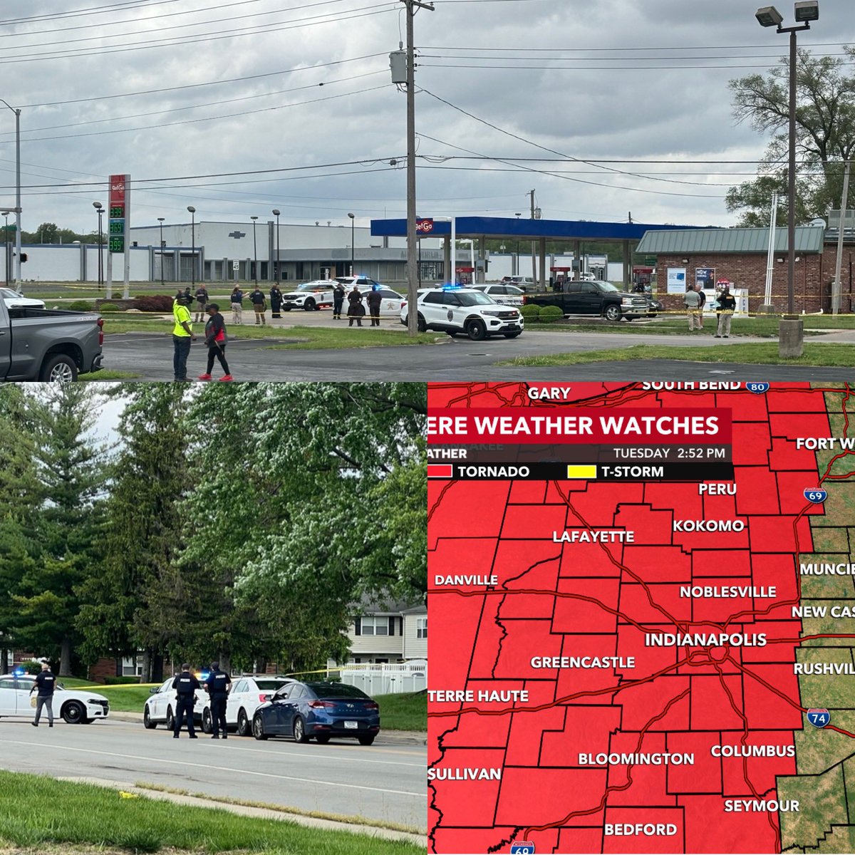 Busy afternoon! Right now we have an officer involved shooting in Anderson at a gas station, a person shot and killed in the road at 79th and Harcourt and a tornado watch. I’ll update when I can. Also check fox59.com and @FOX59 for LIVE updates.