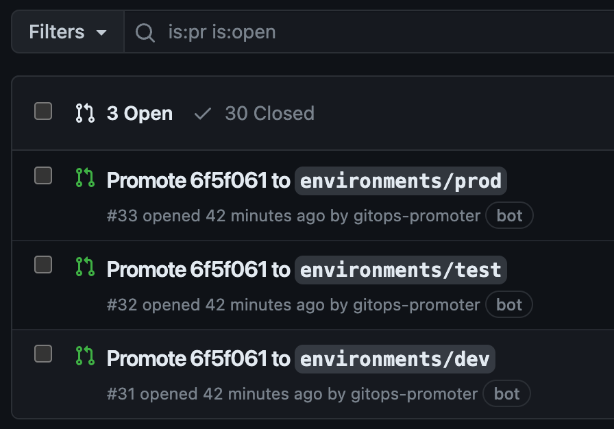 PR-based GitOps promotion tool is coming along. So far:

1) Argo CD automatically pushes hydrated manifests to 'staging' branches for each environment
2) Promotion controller opens PRs for each environment
3) Argo CD auto-syncs changes after PRs are merged