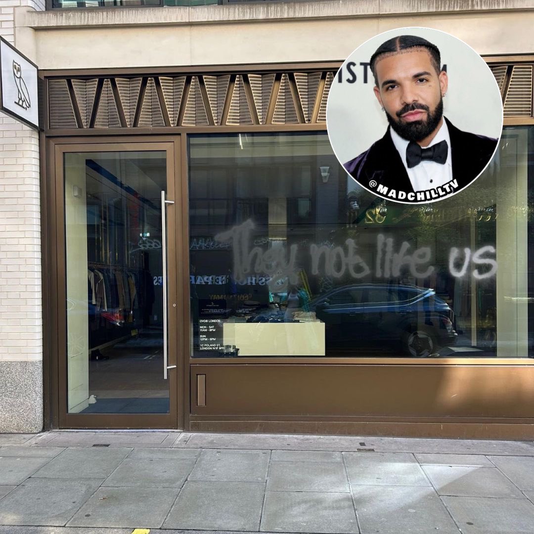 Drake's OVO Store in London has been vandalized, someone spray painted ‘They Not Like Us’ on the front window 🪟👀