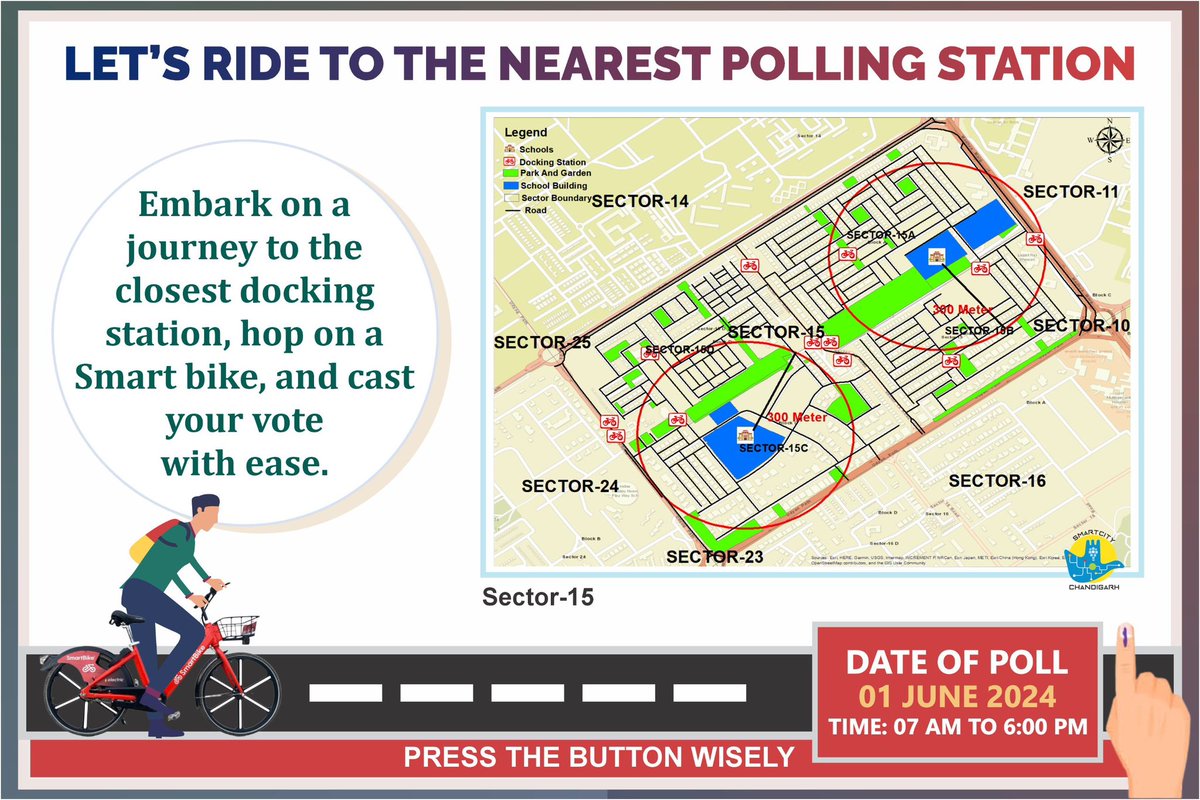 Chandigarh Smart City is here to ensure citizens can easily vote on June 1st, 2024.   Simply head to the closest docking station with the help of the map of your area, hop on a smart bike, and cast your vote hassle-free.   Your vote, your voice. Make it count!