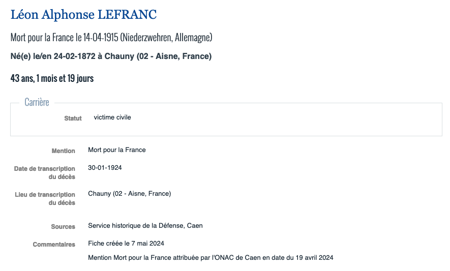 Attribution de la mention #MPF pour 4 #VictimesCiviles #GrandeGuerre @VilledeCHAUNY , désormais sur @MDHDefense !
@SGArmees @DeHistorique @LauVeyssiere @helurli @1J1Poilu @FFGenealogie @GustaveFortier @Aisne1418 @onacvg @franckviltart @MartineCONORD @1er2emeGM