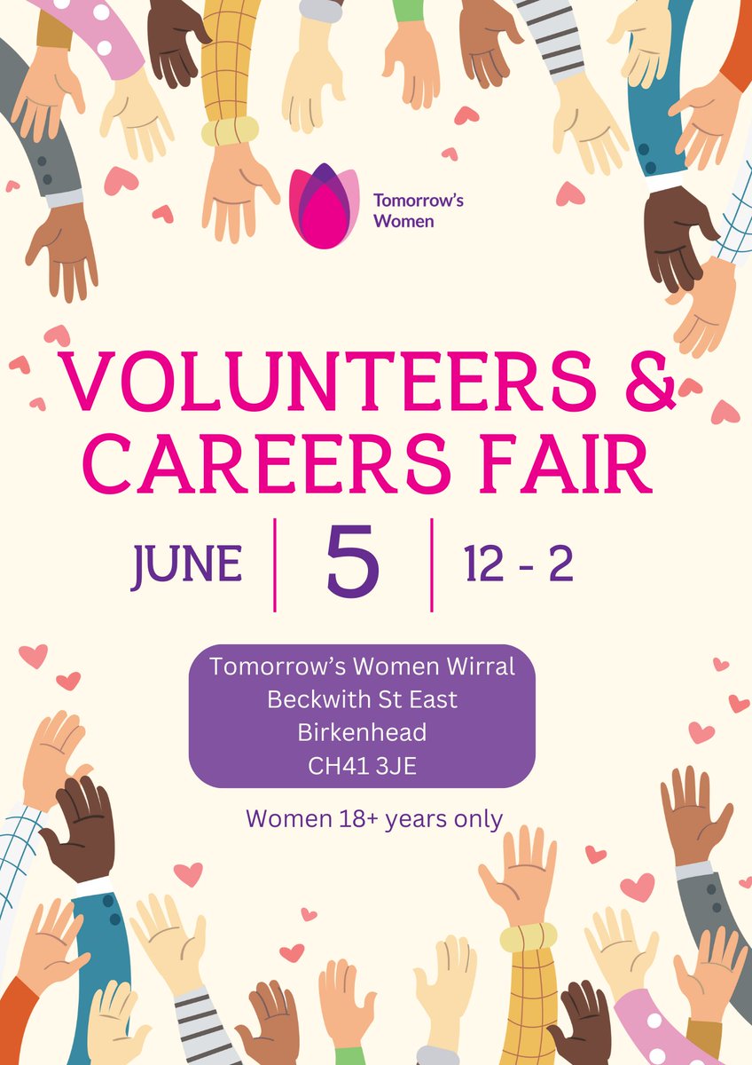 We are hosting Volunteer & Careers fair at #tomorrowswomenchester and #tomorrowswomenwirral on 5th June. Come along to chat to a variety of organisations about their fantastic opportunities 💗 #careersfair #volunteersfair #volunteeringwirral #volunteeringchester #careerswirral