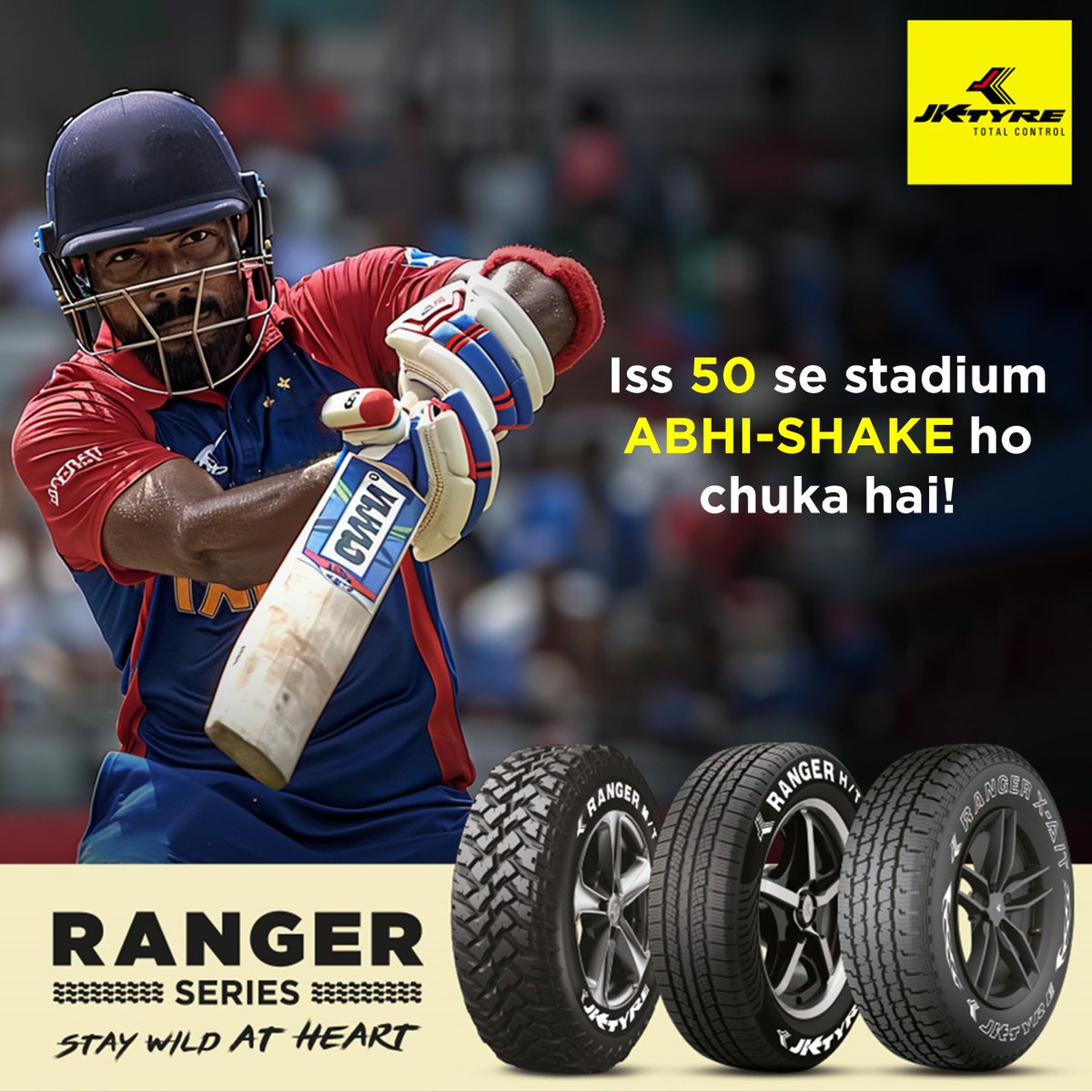 That 50 was truly wild, just like a ride with our Ranger series tyre.

Check out the #RangerSeries from JK Tyre, built for adventures, and multiple terrains, for those who are ‘Wild at Heart’.

#JKTyre #IndianT20League #Rajasthan #Delhi