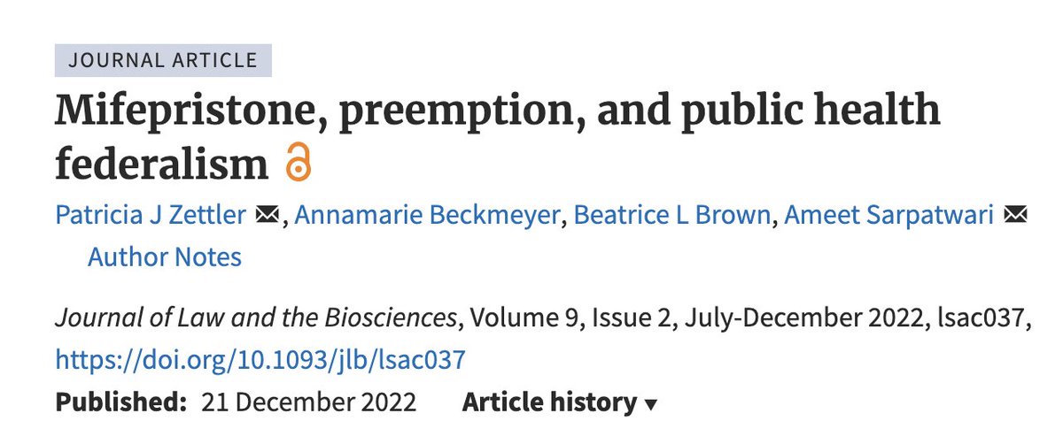 For those interested in this topic, you can also check out this open-access article in @J_Law_Biosci, which I wrote with Bea Brown, @AMBeckmeyer, @pzettler: 'Mifepristone, Preemption, and Public Health Federalism.' academic.oup.com/jlb/article/9/…