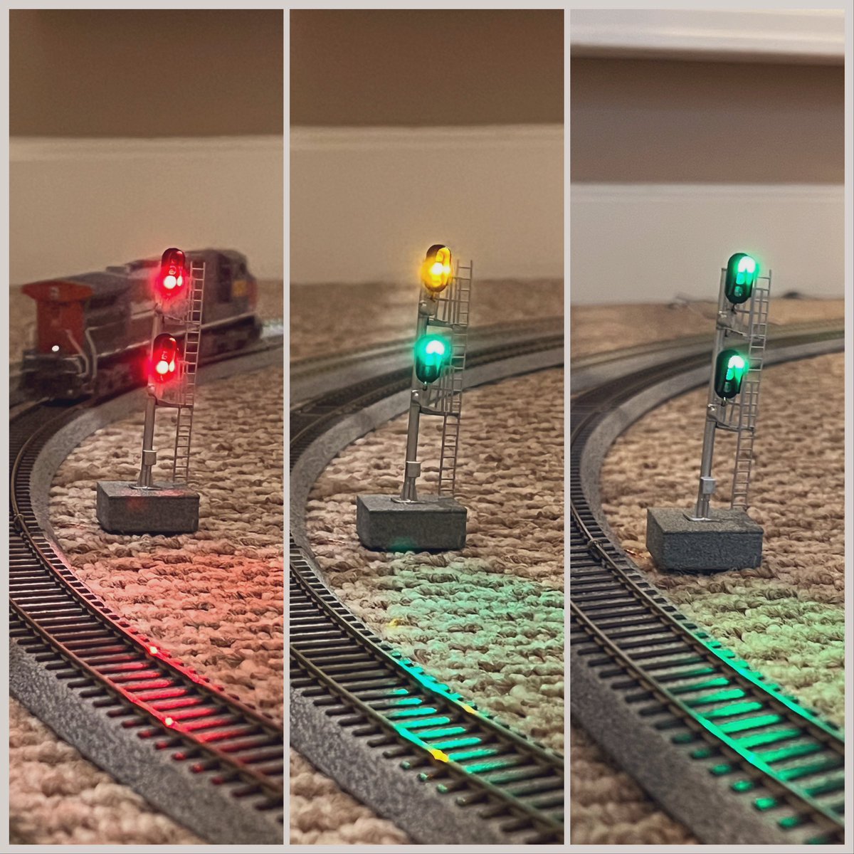 finally have a loop fully covered in occupancy detectors/broken out into blocks so signaling is based on occupancy and speed - top signal denotes higher speed (>40MPH) whilst lower is medium (25MPH) higher speed holds yellow until 2 blocks of spacing - more speed, more buffer!