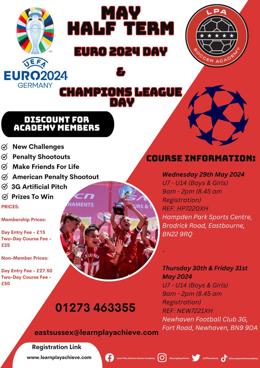 🔴 The Euros and The Champions League specials are coming straight to you in Newhaven 🟡 Get yourself booked onto what will be a cracking few days jam packed with challenges and prizes! Book now: 01273 463355 or email eastsussex@learnplayachieve.com QUICK BEFORE WE SELL OUT ‼️