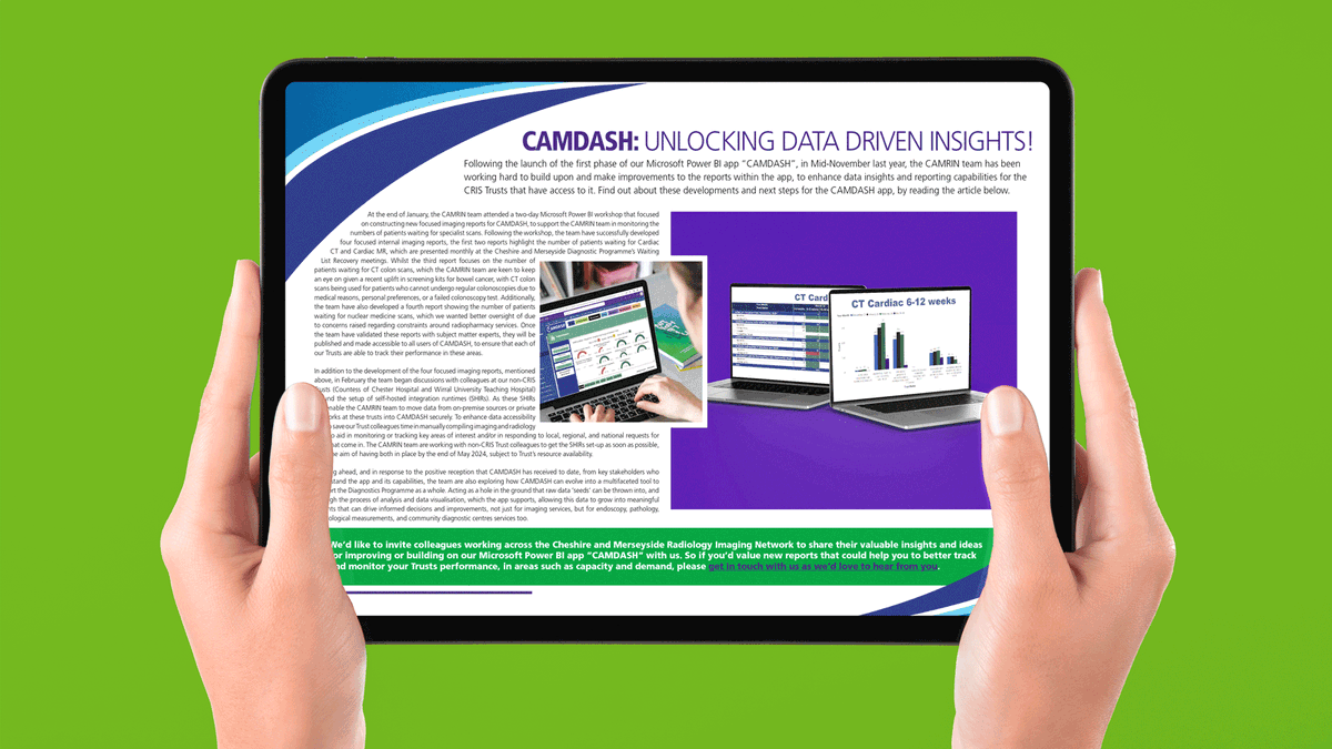 Faye_Eliz's tweet photo. 🗞️Issue 16 of our Cheshire & Merseyside Radiology Imaging Network (#CAMRIN) newsletter is out. Featuring a piece about how we are building on & making improvements to the reports within our CAMDASH app, to enhance our data insights & reporting capabilities https://t.co/DiOj12F4Lm https://t.co/AwiFD9lEkI