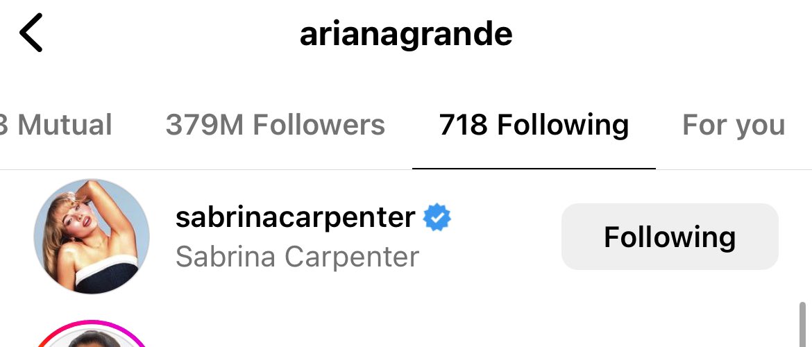 🚨| Ariana Grande has officially followed Sabrina Carpenter on Instagram!