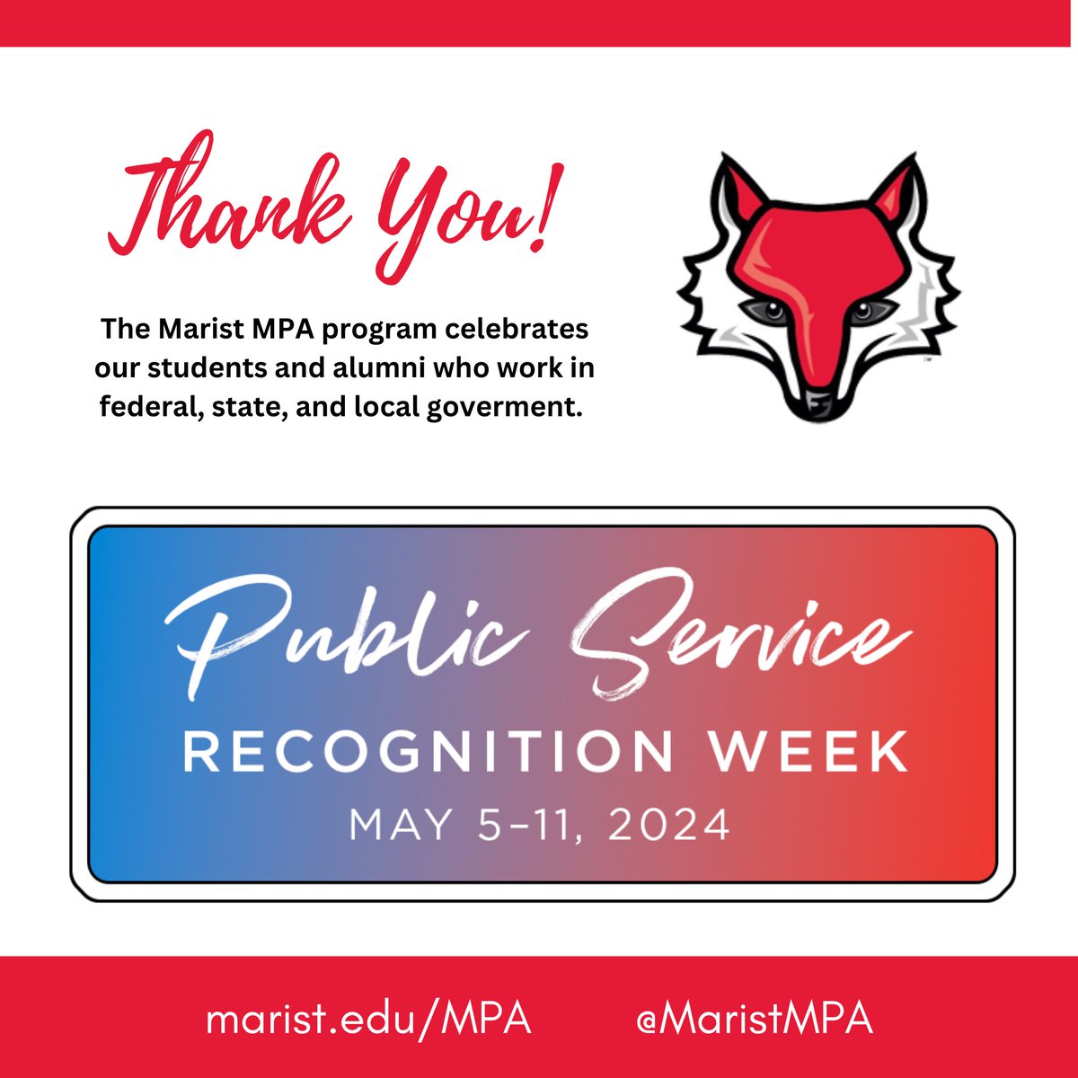 The Marist MPA program is proud to celebrate Public Service Recognition Week 2024. We're grateful for the the skills and knowledge that our students and alumni bring to federal, state, and local government every day. #PSRW2024