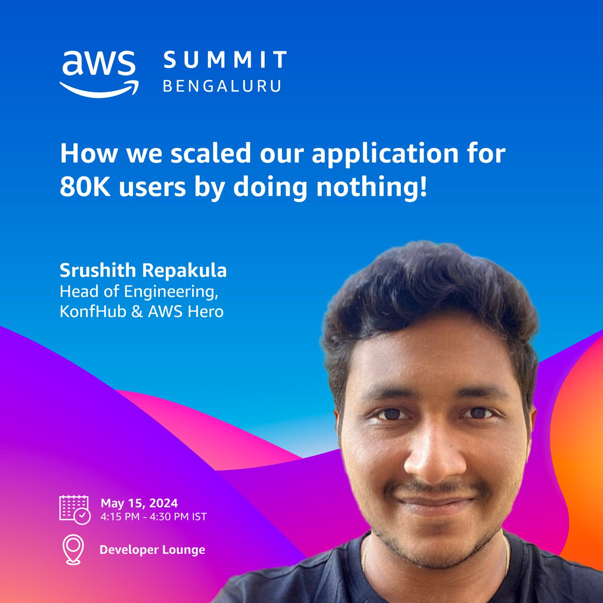 AWS Summit is coming to Bengaluru for the first time, and I am super excited to be presenting at the developer lounge. I will be talking about how our application scaled to 80K users and we (almost) did nothing! aws.amazon.com/events/summits… #awssummitbengaluru
