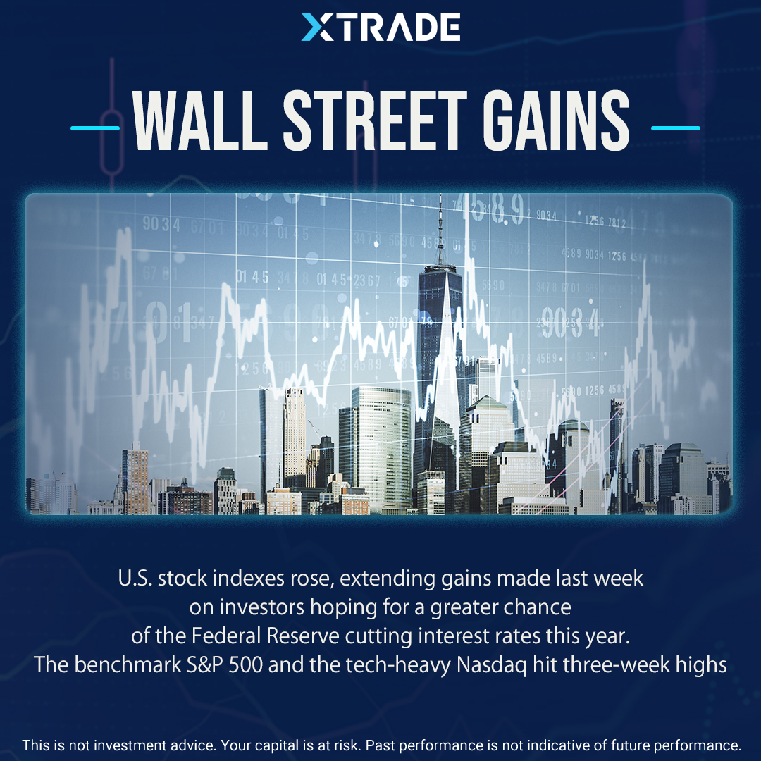 📈As investors renew hopes for Fed rate cuts, Wall Street   gains yesterday.    #Xtrade #WallStreet #StockMarket   #FederalReserve #MarketTrends #FinancialNews #Stocks #NASDAQ #SP500   #InterestRates #GlobalMarkets #FinancialAnalysis #MarketInsights