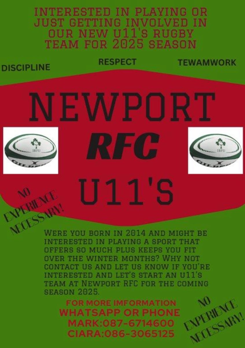 Were you born in 2014 and might be interested in playing a sport that offers so much plus keeps you fit over the winter months? Why not contact us and let us know if you're interested and let's start an u11's team at Newport RFC for the coming season 2025. @MJCRugby @Munsterrugby