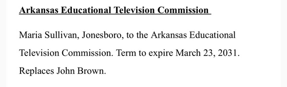 Well now we know why Dan Sullivan didn't try to mess with the final PBS vote in the Senate - his wife just received a nod to oversee Arkansas PBS. 

Favors for her friends, never any for every day Arkansans.  

#arpx #arleg