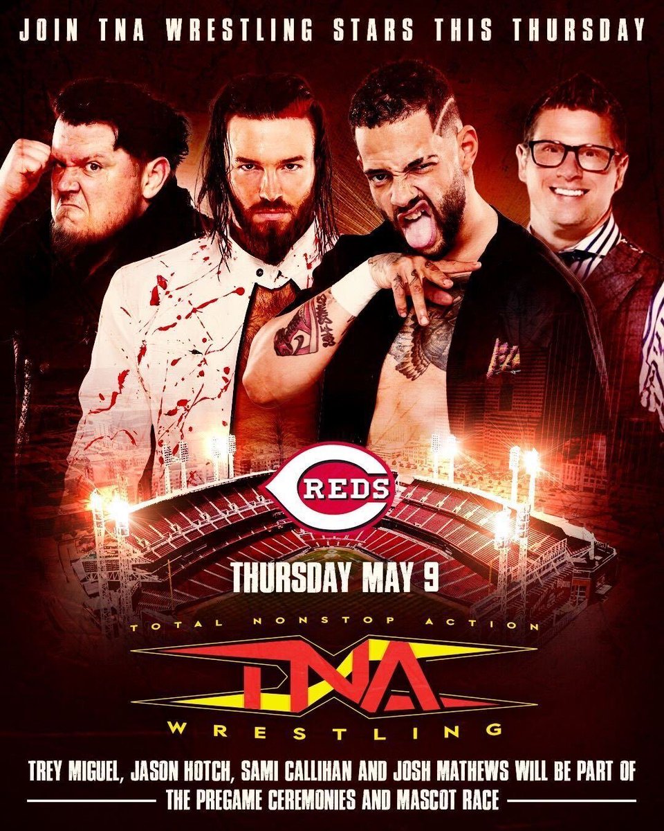 Don't miss your favorite TNA Wrestling stars at the @Reds game this Thursday, May 9th, at the Great American Ballpark! Read more: tnawrestling.com/2024/05/07/joi…