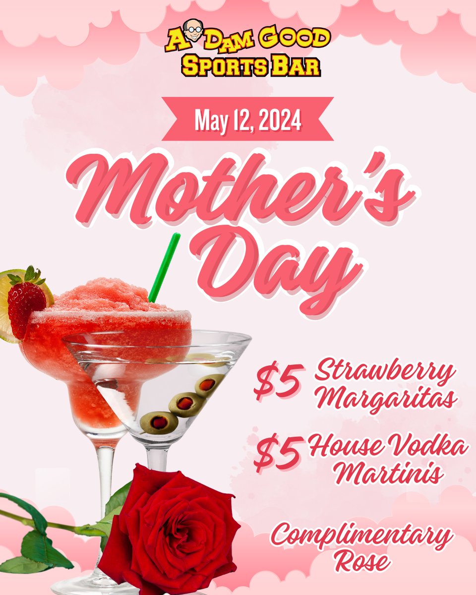 Cheers to Mom! 🥂 Bring her in this Sunday for our Mother's Day specials featuring $5 Strawberry Margaritas and $5 Vodka Martinis! 

Plus, she'll get a complimentary rose too. It’s the perfect way to say thanks! 🌹

#mothersday #mom #margaritas #vodkamartinis #celebration #Ad ...
