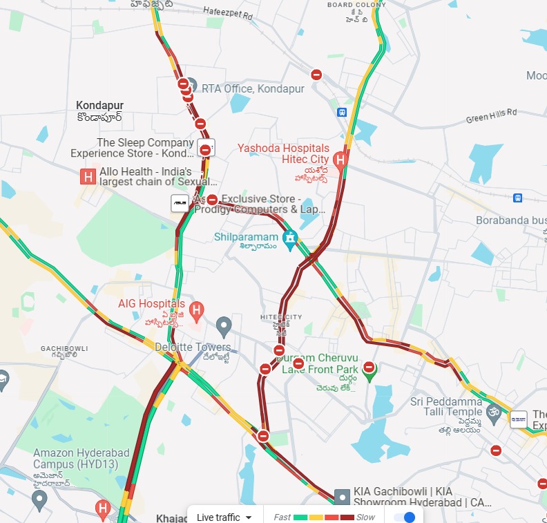 Due to torrential rains Traffic Movement is slow at < Kothaguda Flyover < Hitex < Cyber towers < IKEA <Cyber Towers < COD < Bio Diversity < Khajaguda Citizens are requested to avoid these routes and plan their travel time accordingly. #HyderabadRains
