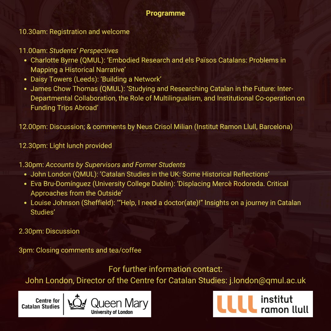 📑 Doctoral Research in Catalan Studies: Challenges & Solutions in the UK & Ireland: A Workshop Day for Postgraduate students 🗓️Tuesday 14 May, 10.30-15.30 📍Queen Mary University of London, ArtsOne 1.36 ✍️All welcome, but please register via Eventbrite: bit.ly/DoctoralResear…
