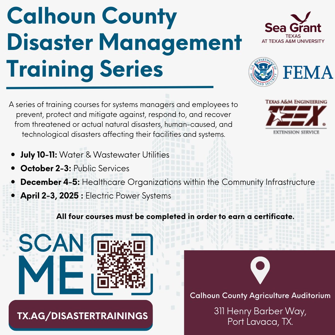 Texas Sea Grant, in partnership with DHS/FEMA National Training Program, TEEX (<a href="/teexagency/">Texas A&M Engineering Extension Service (TEEX)</a> ), and the NERRTC (<a href="/TEEX_NERRTC/">NERRTC</a> ) is hosting a series of disaster management training courses in Calhoun County!