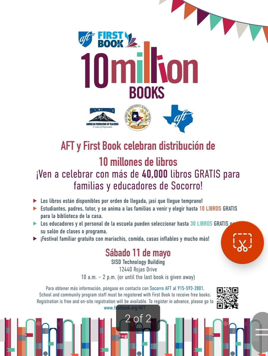 Only 4 days until @AFTunion @SOCORROAFT @FirstBook Reading Opens the World 🌎 40,000 Free Book Distribution @SocorroISD Join us May 11th from 10am to 2pm at the DSC Tech Bldg located at 12440 Rojas 🖱Pre-register now to avoid the lines. firstbook.org/aft/ #TeamSISD