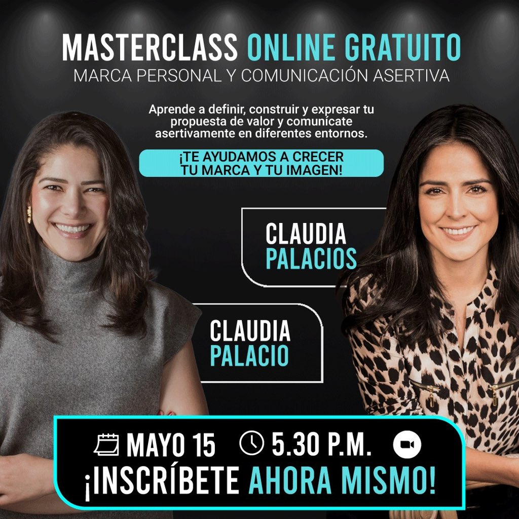 Únete a nuestra Masterclass online gratuita y descubre cómo forjar una marca personal poderosa y comunicarte con confianza y asertividad. ¡Desata tu potencial y marca la diferencia! ¡Inscríbete ahora! en: wa.link/ua42gu #ClaudiaPalaciooficial #ClaudiaPalaciosoficial