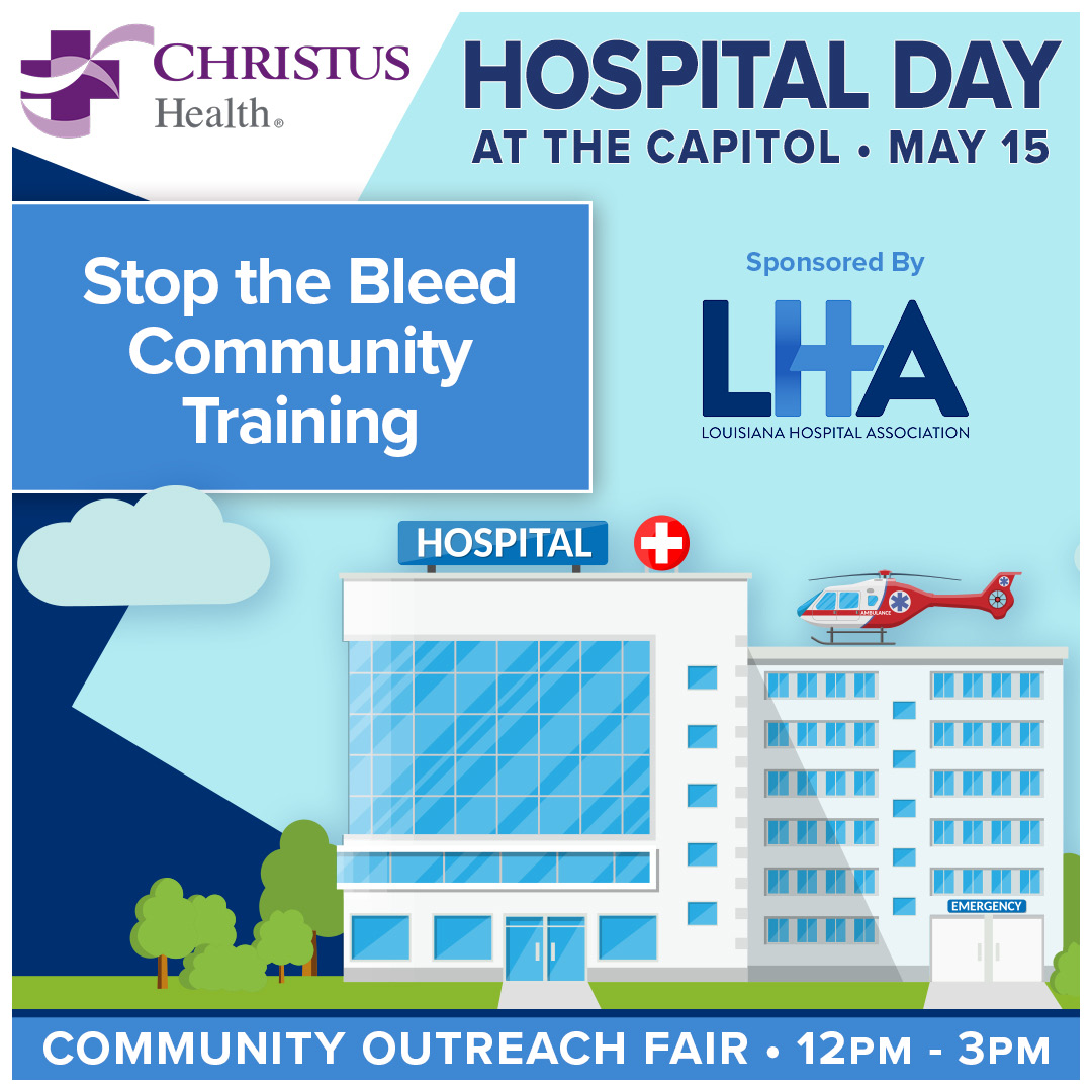 Visit LHA’s Community Outreach Fair on May 15 to learn how @CHRISTUSHealth is educating Louisianians on Hands-Only CPR and Stop the Bleed so their community can help save lives in an emergency. #LaHospitalDay #CaringForPatients #StrengtheningCommunities #lalege