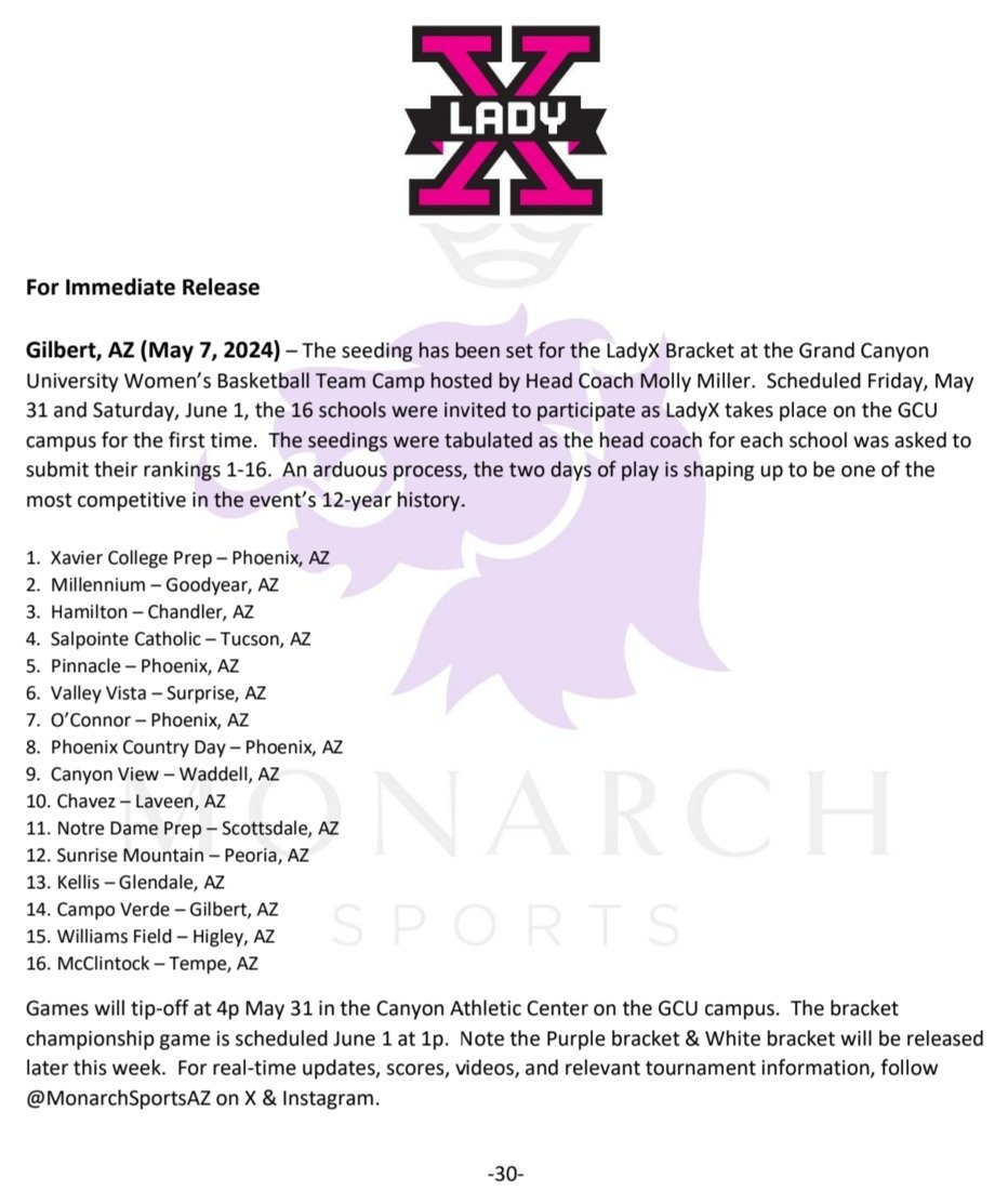 Monarch Sports 🔊 (@monarchsportsaz) on Twitter photo BREAKING: Here is the seeding for the 2024 LadyX bracket as part of the <a href="/GCU_WBB/">GCU Women's Basketball</a> Team Camp! #Relevant #Sweet16 BREAKING: Here is the seeding for the 2024 LadyX bracket as part of the <a href="/GCU_WBB/">GCU Women's Basketball</a> Team Camp! #Relevant #Sweet16
