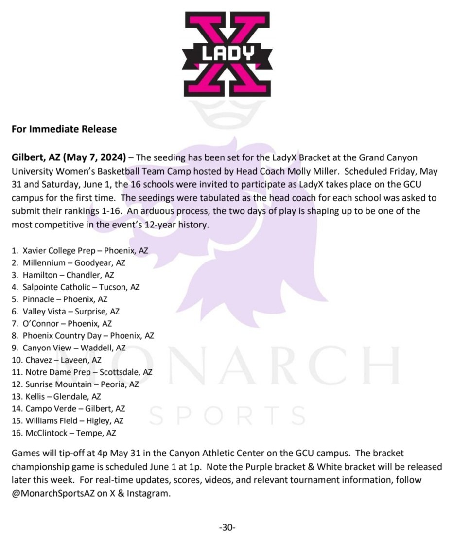 BREAKING: Here is the seeding for the 2024 LadyX bracket as part of the @GCU_WBB Team Camp! #Relevant #Sweet16