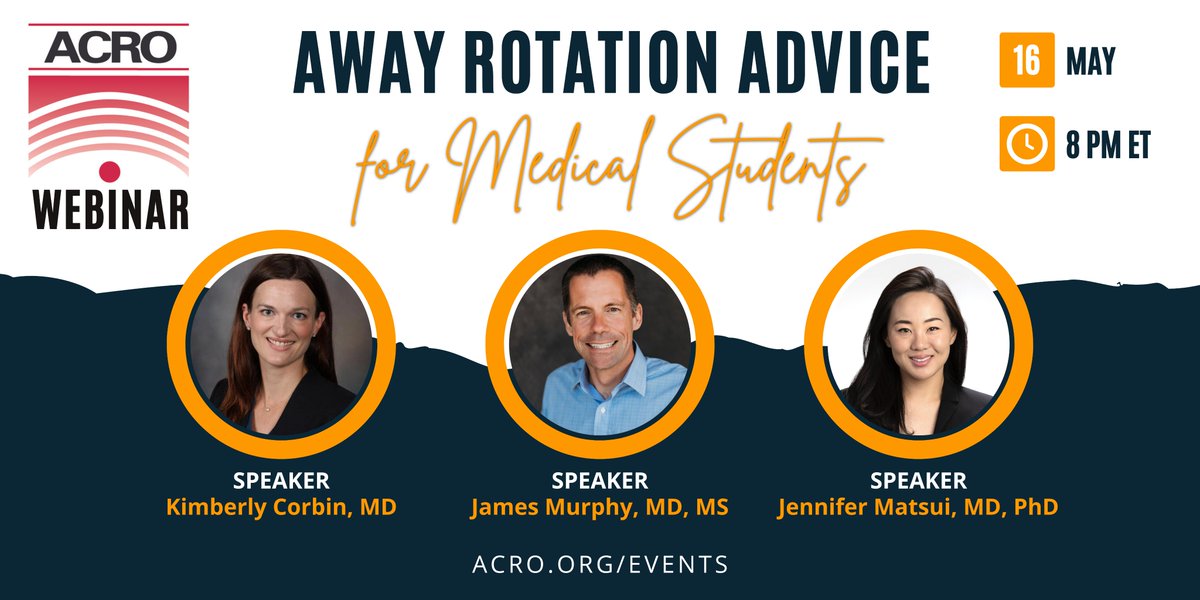 Are you a #medstudent seeking advice on what to consider when choosing away rotation locations, how to prepare for rotations before arrival, how to shine, & more? Join Drs. @KimCorbinMD, James Murphy, & @JKMatsui on May 16 at 8 pm ET! Register: us02web.zoom.us/meeting/regist…