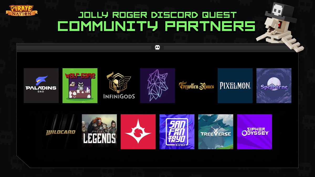 Announcing our first set of gaming community partners, including Pixelmon, FRWC, Wildcard, InfiniGods, and many more. In the next few minutes, you'll be able to mint a free Pirate & start collecting BOOTY in your Discord servers 🏴‍☠️