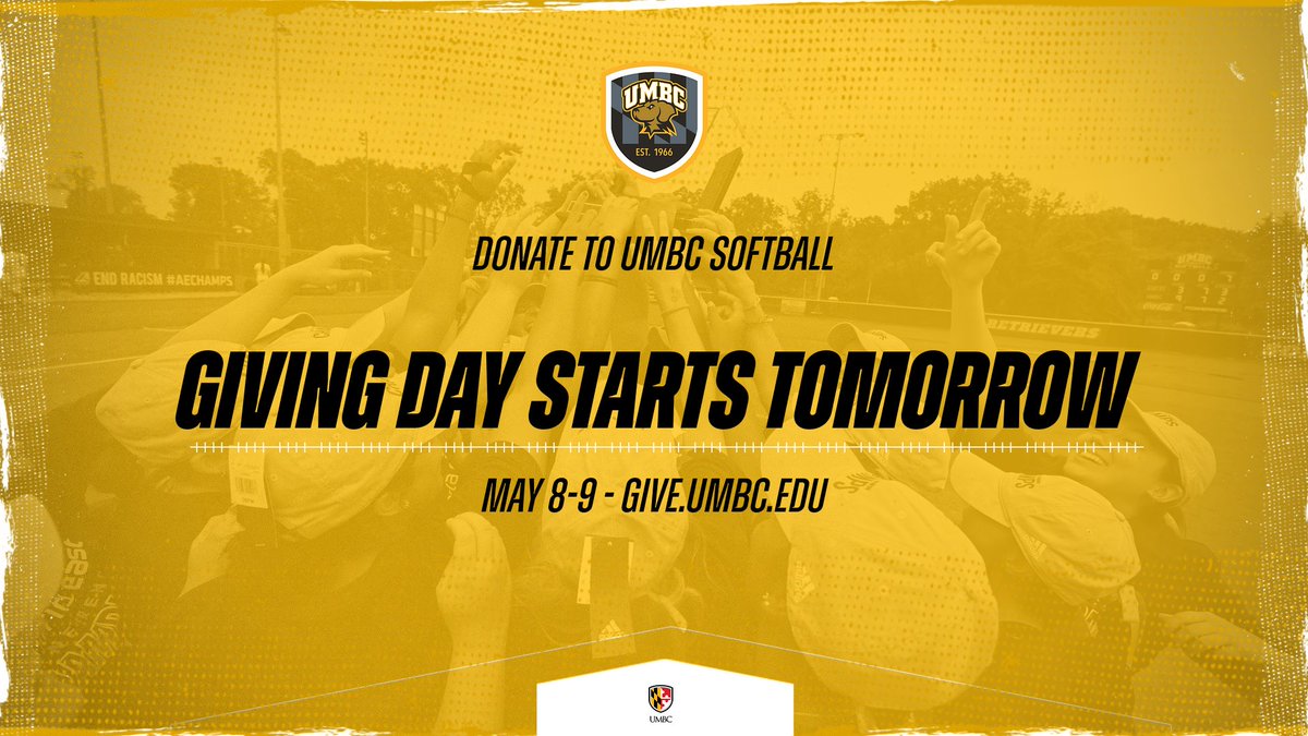 One day away from the start of the America East Championships & one day from the start of Giving Day 2024! Double your support tomorrow by tuning in at 11 AM on ESPN+ to see your Dawgs take on UML, and by clicking on the link below to give to #UMBCSB! give.umbc.edu/black-gold-rus…