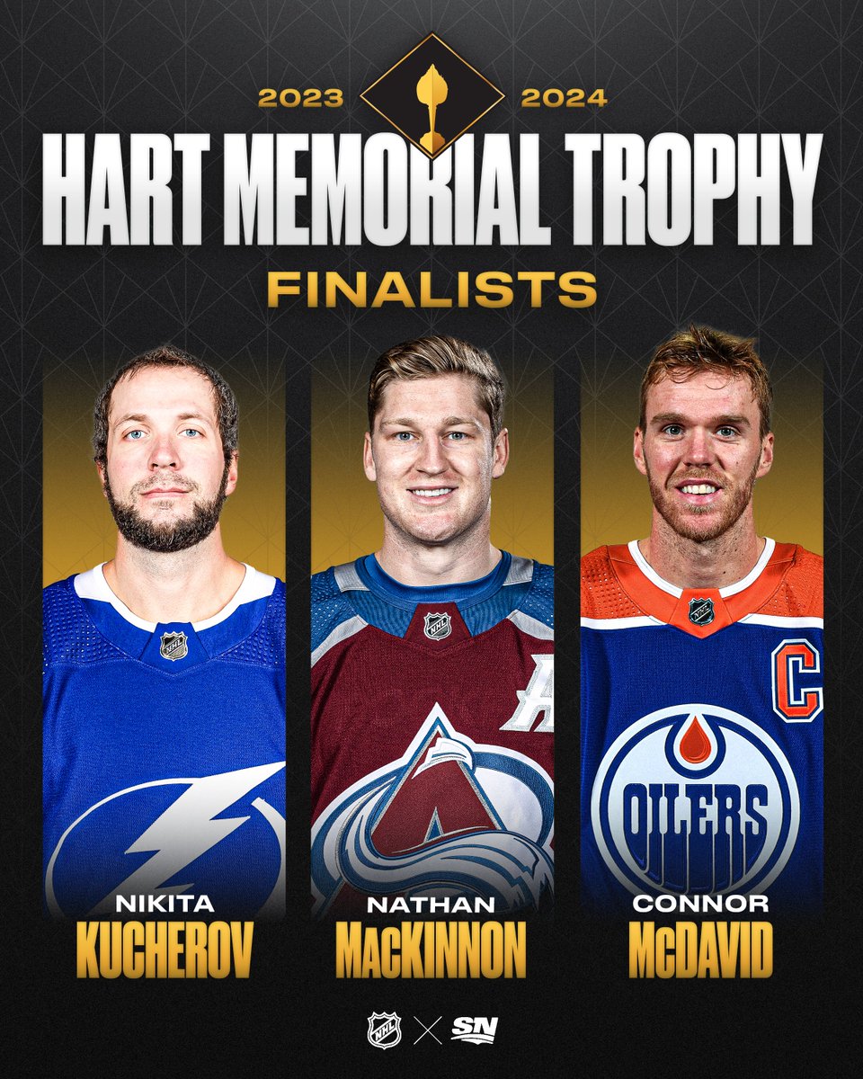 Nikita Kucherov, Nathan MacKinnon and Connor McDavid are the 2023-24 Hart Trophy finalists. 👏 Who gets your vote? 🤔