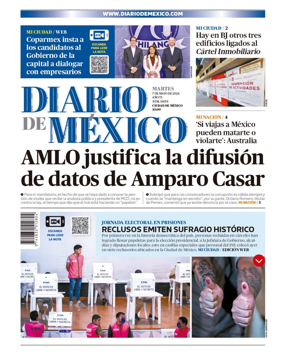 ¡Inicia este maravilloso martes con la actualidad más relevante! 📰 Hoy en la portada: Descubre la postura de AMLO sobre la difusión de datos de Amparo Casar. ✔️ #PrimerasPlanas #EnPortada #ExcelenteMartes Accede a la noticia completa aquí: [itsmy.bio/diariodemexico] 🌐👀