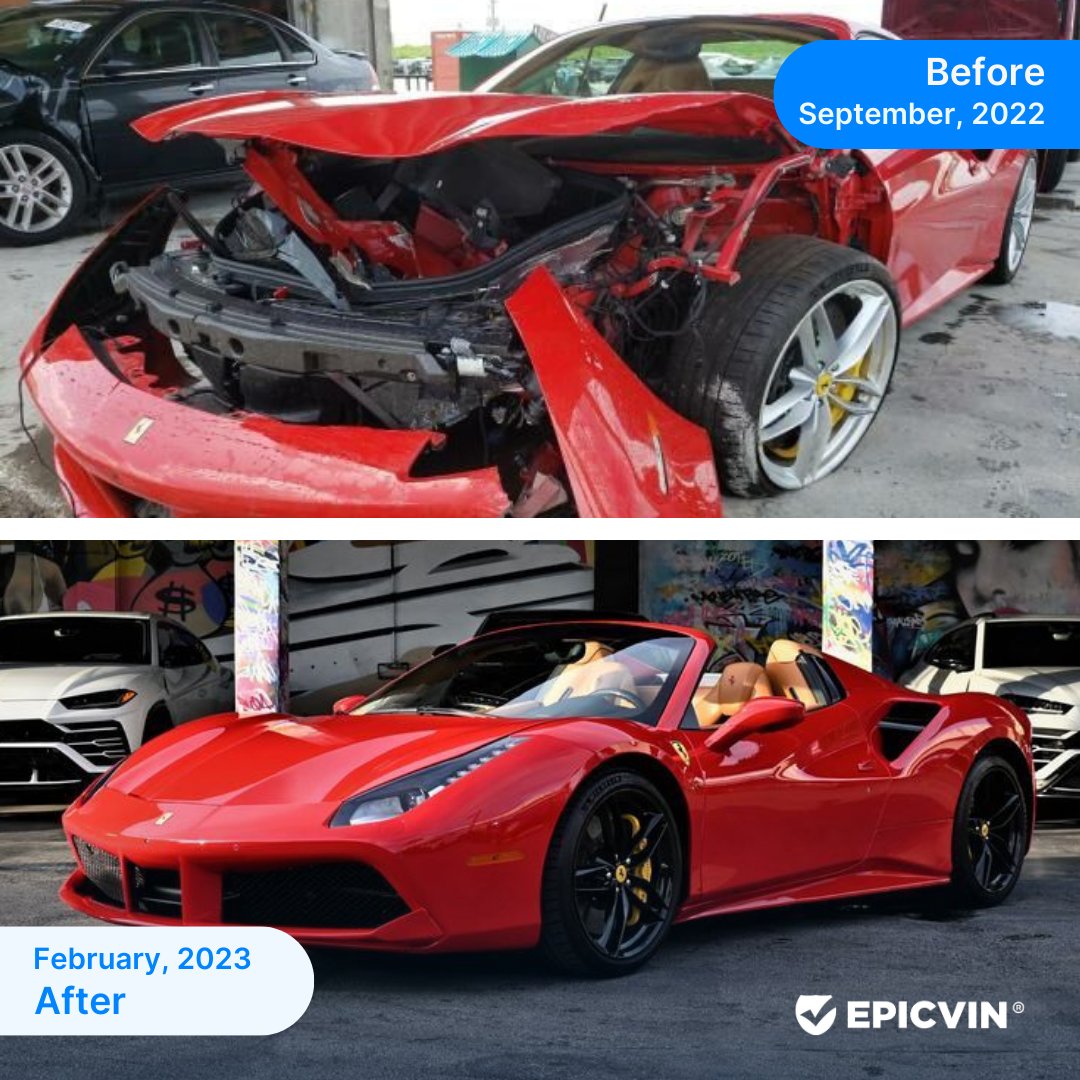 Don't Let Looks Deceive You: This stunning 2017 Ferrari 488 Spider, sold for $239,950 in February 2023, hides a September 2022 auction tale. Dig deeper with an EpicVIN history check. #CarAuctions #SalvageCars #UsedCars #SportCars #Ferrari #Ferrari488 #AutoAuction #AutoDealerUSA