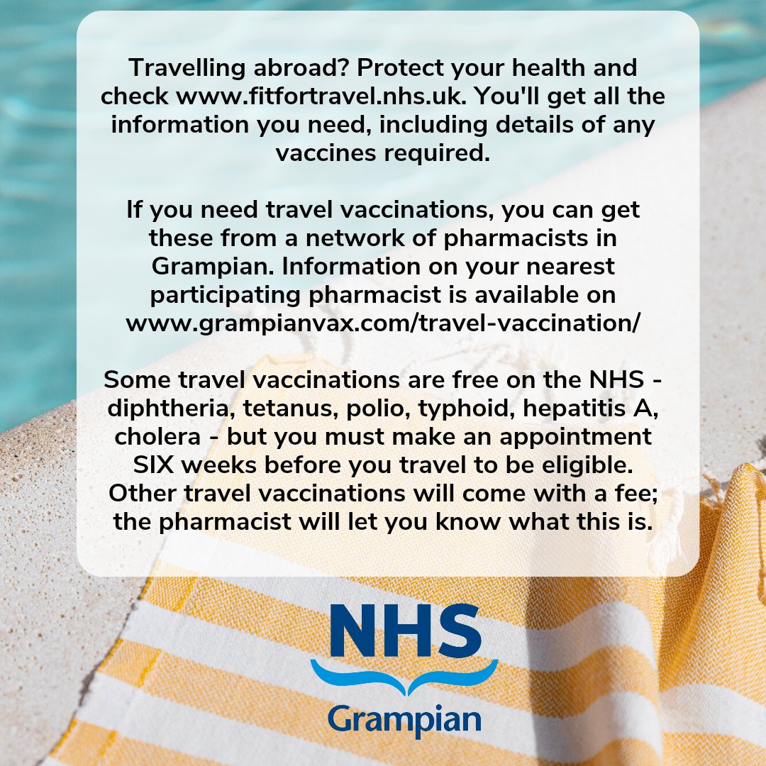 ✈ Travelling abroad? Visit fitfortravel.nhs.uk If you need vaccinations, you can get these from a network of pharmacists in Grampian. grampianvax.com/travel-vaccina… Some travel vaccinations are free but you must make an appointment SIX weeks before you travel to be eligible.