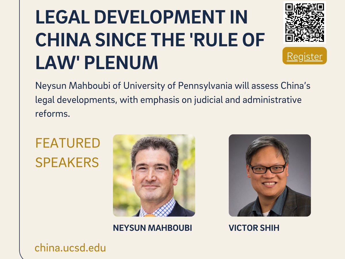 Join us tomorrow for a public talk at 3:30p.m. PDT by @NeysunM @CsccPenn, who will assess China’s legal developments, with emphasis on judicial and administrative reforms. @vshih2 RSVP: ow.ly/Qv5Q50RlKjK #Administrativelaw #Chineselaw.