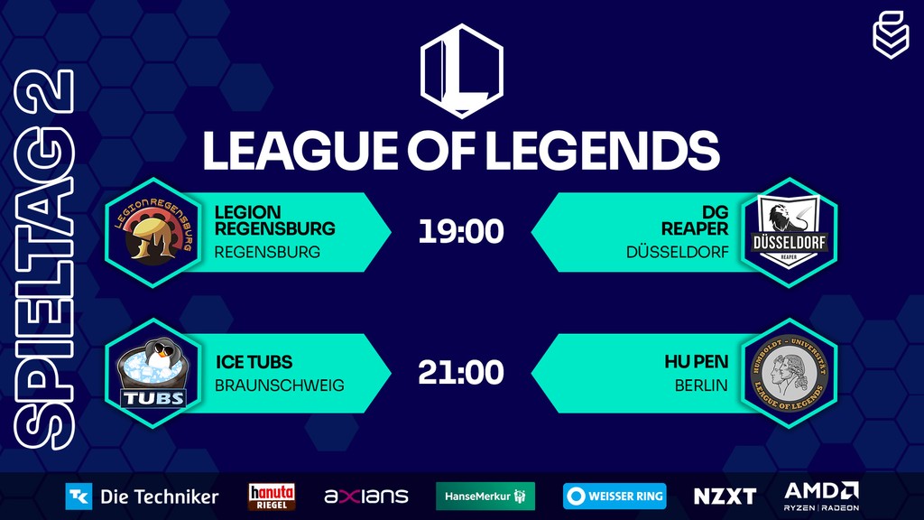 In zwei Stunden geht es mit dem zweiten Spieltag in #LoL los 💥 ⚔️Legion Regensburg vs. @ddorf_gaming ⚔️Ice TUBS vs. HU Pen 🎥@failexunluckY 🎬️@JustKrincy 📈@BlaizeCasts & @ProbablyCast 🎙️@Theonly_Artemis & @LeridaLoL