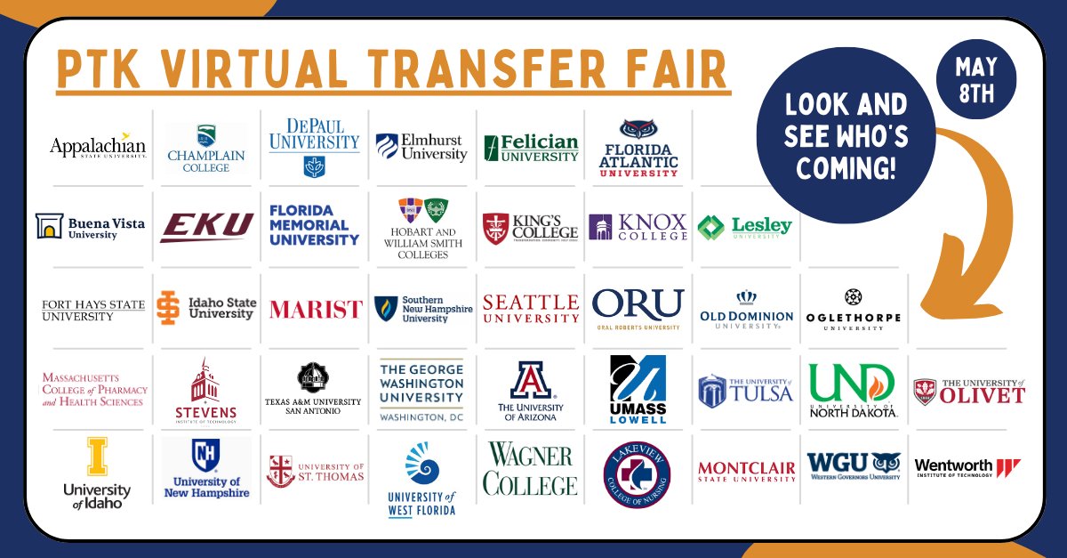 📣Calling all prospective members📣⁠ ⁠ Join PTK's Virtual Transfer Fair to meet with college recruiters and learn about your transfer opportunities! Register here for the fair taking place May 8 at 2 PM CT: us06web.zoom.us/meeting/regist…