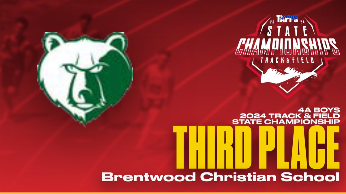 Congratulations to your 4A Boys State Third Place Team in the 2024 TAPPS State Track & Field Championships: Brentwood Christian School!