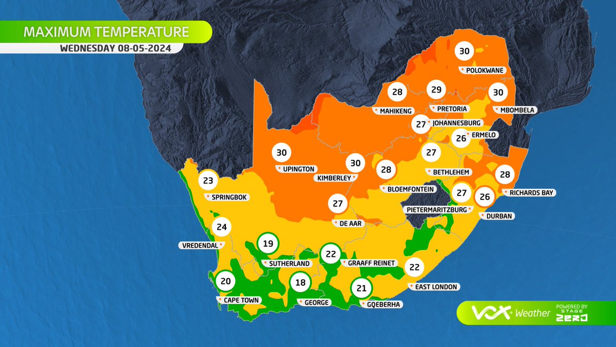 WEATHER MAPS and WARNINGS for this WEDNESDAY – 08 May 2024 🌦COOLER with ISOLATED SHOWERS over the southern and southwestern SA ☀REMAINING DRY and WARM to HOT over central and eastern SA ⚠️NO WARNINGS by SAWS⚠️ Meteorologist Annette Botha LIVE at 6pm on #voxalWeather