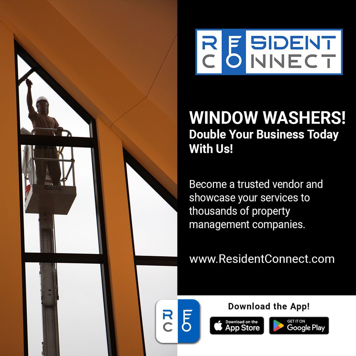 The_Reco_App's tweet image. Attention #WindowWashers and other skilled #tradespeople!

Promote your services to thousands of #PropertyManagers on the #ReCo App - absolutely free! 

Download the app and learn more at buff.ly/48BCtvW