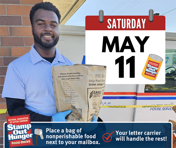 This year’s @NALC_National Stamp Out Hunger Food Drive will take place Saturday, May 11. If you want to help fight food insecurity in your town, simply leave a bag of nonperishable food next to your mailbox this Saturday, and your letter carrier will handle the rest.
