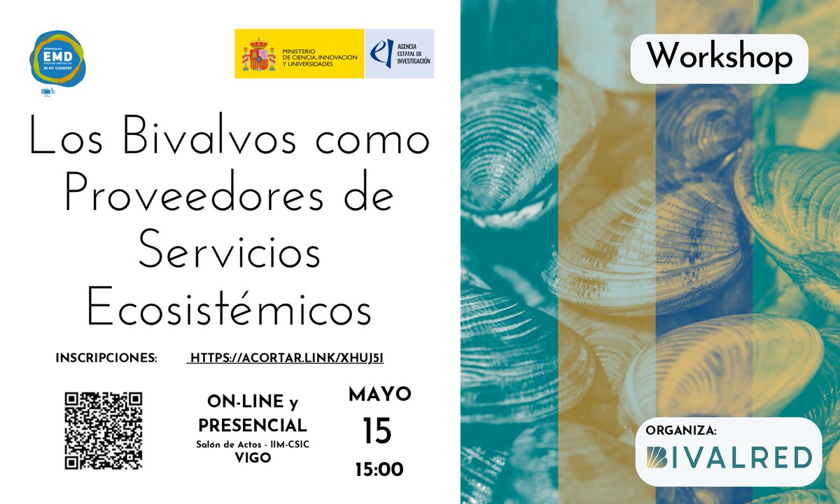 ieo_murcia's tweet photo. Os presentamos el taller "Los Bivalvos como proveedores de servicios ecosistémicos" que tendrá lugar el 15 de mayo en el @iim_csic de Vigo.  
Aquellos que estéis interesados podéis inscribiros en https://t.co/NoOsI2iyFn.

#ieo #csic #iim #bilvalred https://t.co/5UJ6hvk30J
