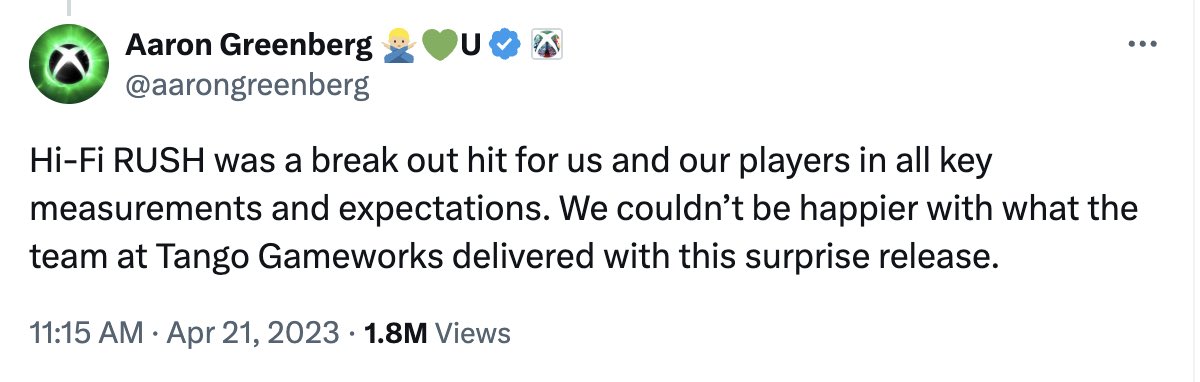 One year ago, an Xbox executive said Hi-Fi Rush was “a break out hit for us” and that Xbox “couldn’t be happier with what the team at Tango Gameworks delivered.” 

Today, Xbox shut down Tango Gameworks.