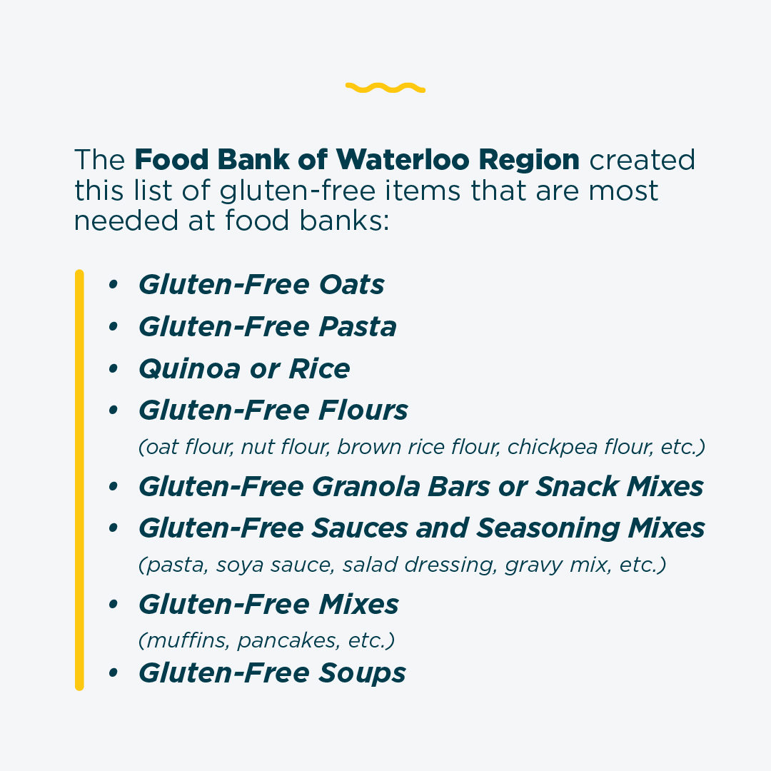 May is Celiac Awareness Month. There's always a need for gluten-free products at your local food bank – see this list of gluten-free items that are most needed, compiled by @FoodBankWatReg. Look for the Celiac Canada Gluten-Free logo when purchasing products to donate.