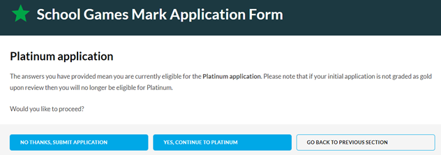 #SGMarkTopTips The platinum section is only offered if your application meets the platinum criteria BEFORE clicking the 'submit' button (bit.ly/3u41WwC) If you're not given the option to try for platinum, save / exit your application and speak to your SGO for advice.