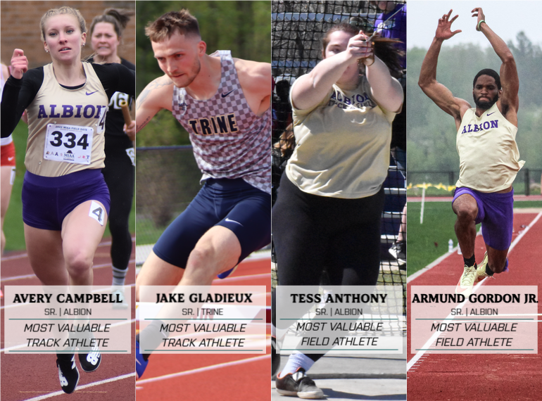 MIAA1888's tweet photo. Outdoor Track and Field All-#D3MIAA 👟

Women's Track MVP - Avery Campbell, @gobrits 
Men's Track MVP - Jake Gladieux, @TrineAthletics 
Women's Field MVP - Tess Anthony, Albion
Men's Field MVP - Armund Gordon Jr., Albion

READ -- https://t.co/UWrW2dySh7

#GreatSince1888 https://t.co/kw1djQLRwO