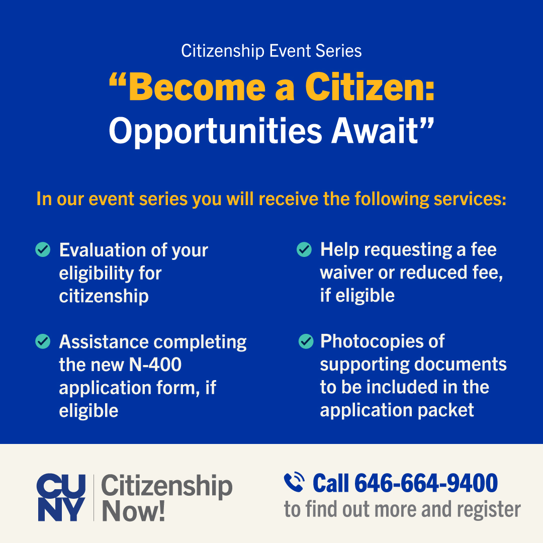 Join our Spring Citizenship Drive event, “Become a Citizen: Opportunities Await,” on May 18 at John Jay College of Criminal Justice (#Manhattan) from 10 a.m. to 2:30 p.m. Don’t miss out on the benefits of U.S. citizenship. To register, call 646-664-9400 or text 929-334-3784.